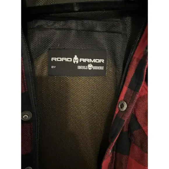 Road Armor by Skull Riderz Red Checkered Flannel Hoodie Shirt - Picture 3 of 8